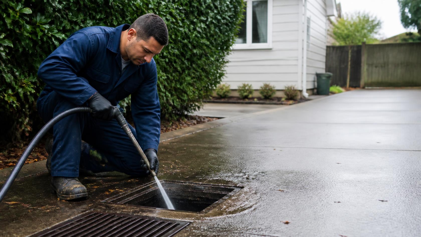 Drainage technician clearing a blocked outside gully trap at an Auckland property